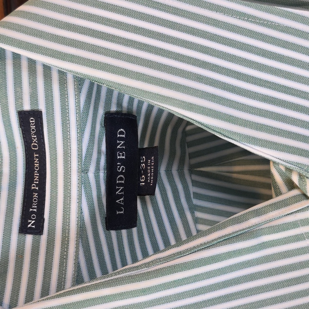 Lands’ End Mens Shirt Striped No Iron Supima Pinpoint Oxford Button Down Neck 16